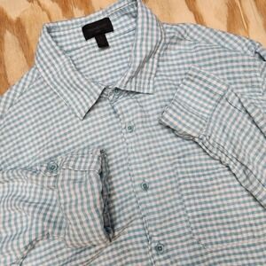 Magaschoni Mens L Blue Check Button Up Long Sleeve Shirt Linen Blend Roll Sleeve